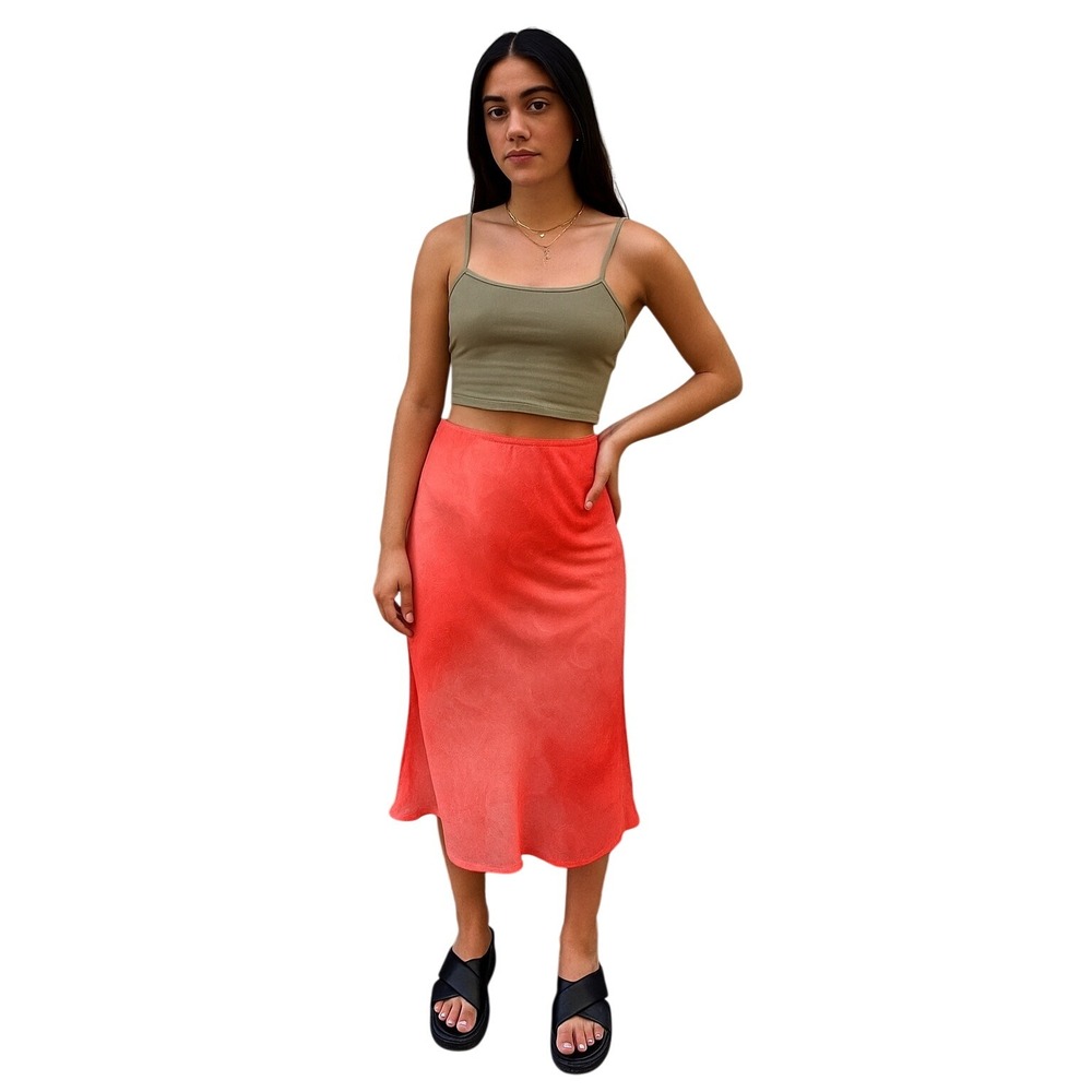 VINTAGE 90s KHAKI KREW Floral Ombre Sheer Overlay Midi Skirt Size L